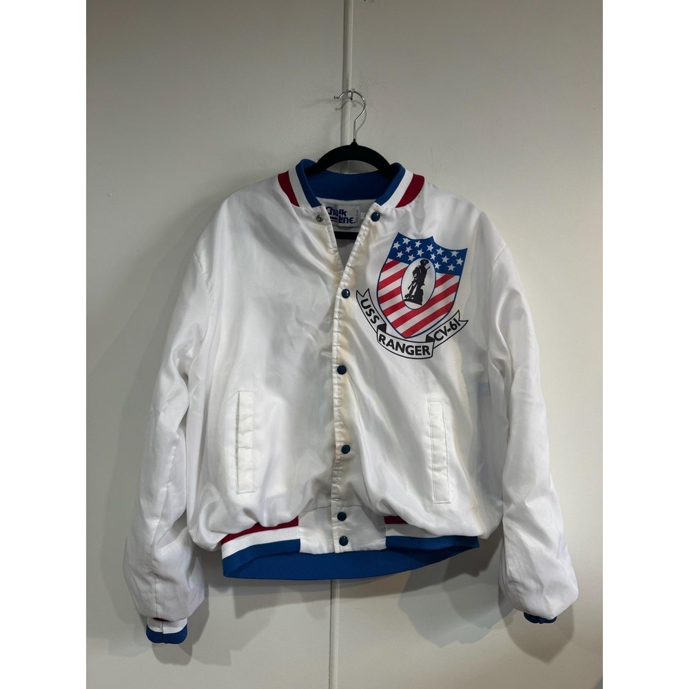 VTG Chalk Line Jacket Mens Large White USS Ranger CV-61 Navy Satin Bomber 80s
